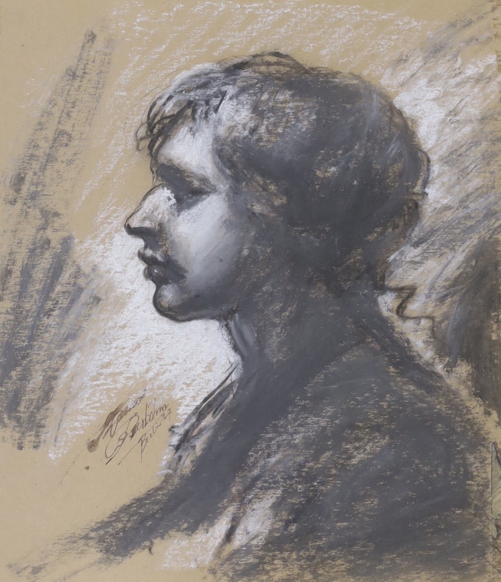 German School, charcoal, ink and chalk, Head study, indistinctly signed and dated Berlin '37, 36 x 31cm